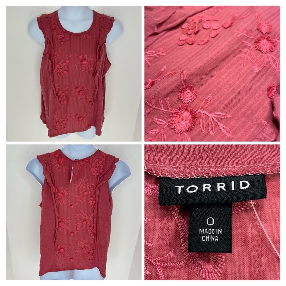 Torrid NWT Cotton Slub Woven‎ Embroidery Ruffle Tank 0 Large Mauvewood Pink $49